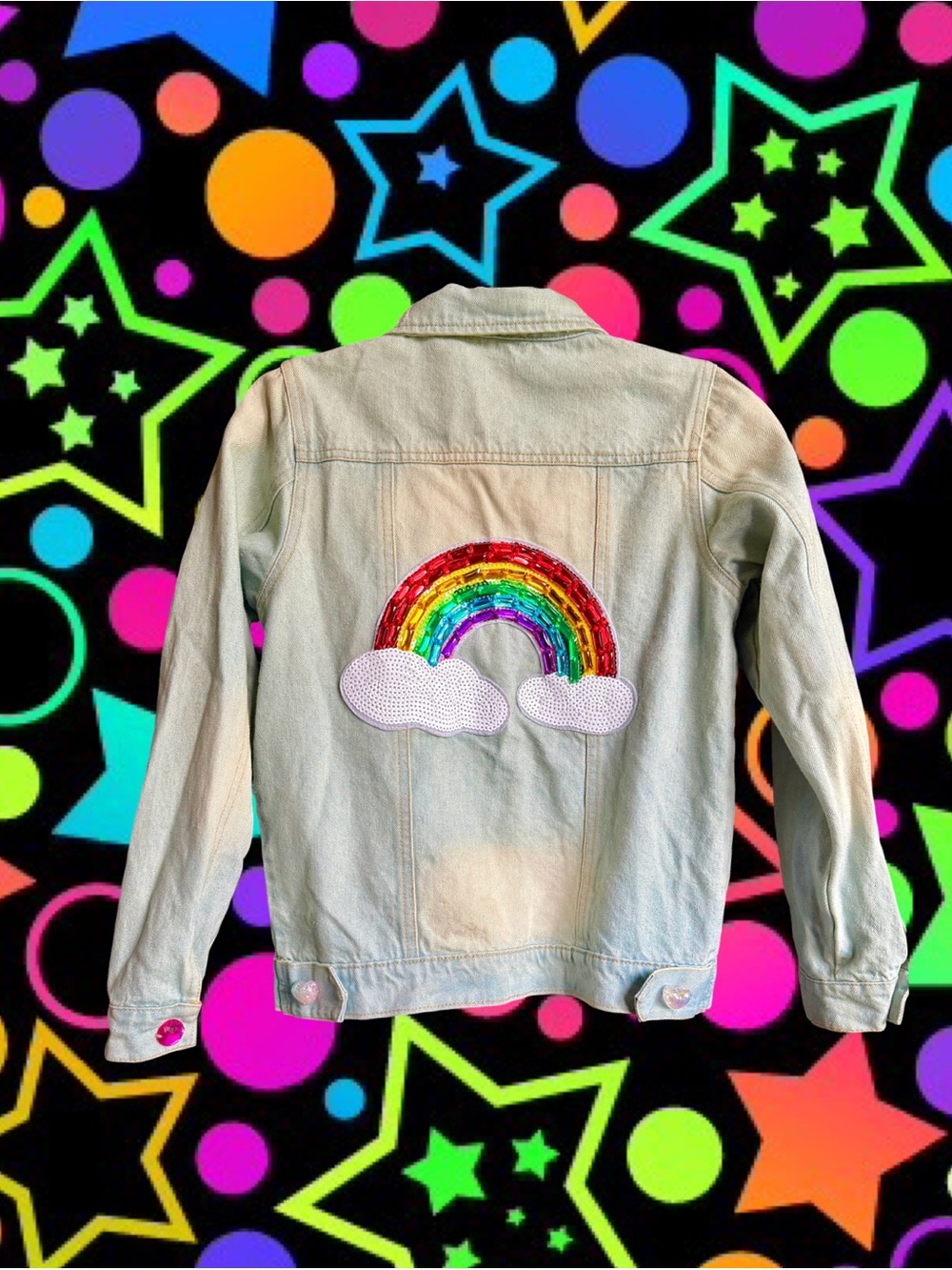 Lola & the Boys Light Blue Denim Jacket w/ Rainbow & Colorful Gem Button Sz 12